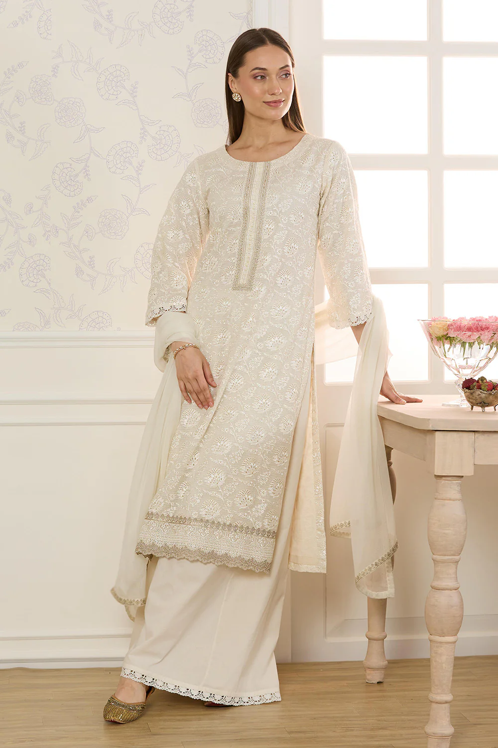 Cream Kota Cotton ChikanKari Unstitched Suit Material - Image 5