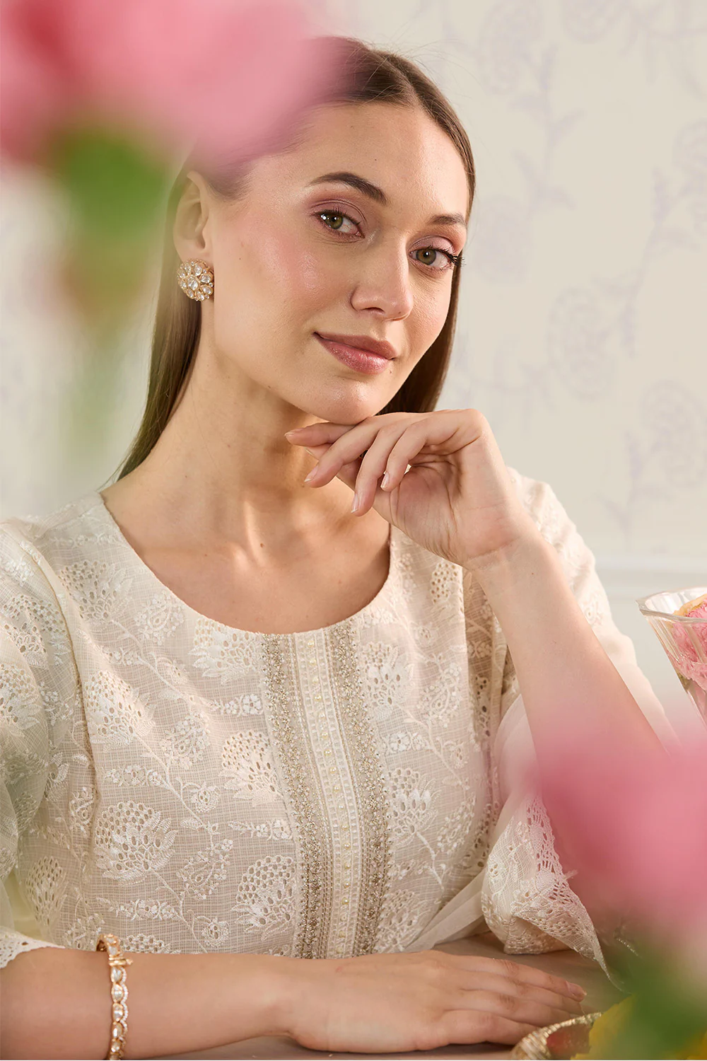 Cream Kota Cotton ChikanKari Unstitched Suit Material - Image 8