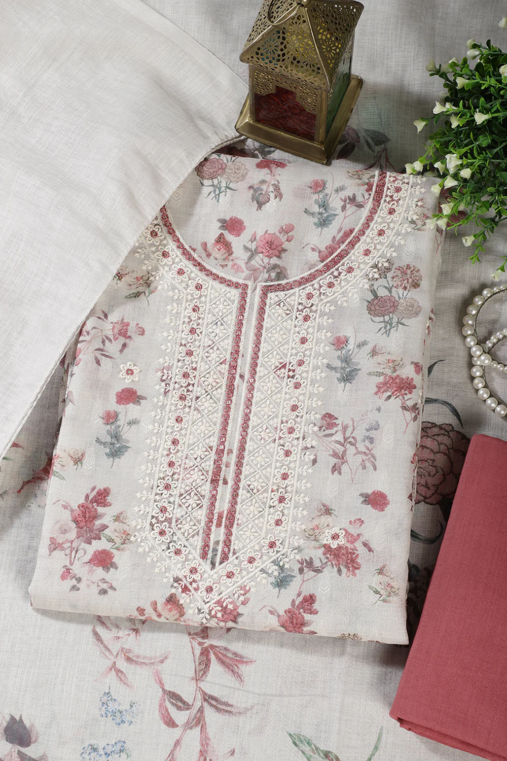 Cream & Light Maroon Chanderi Cotton Floral Printed And Embroidered Unstitched Suit - Image 3