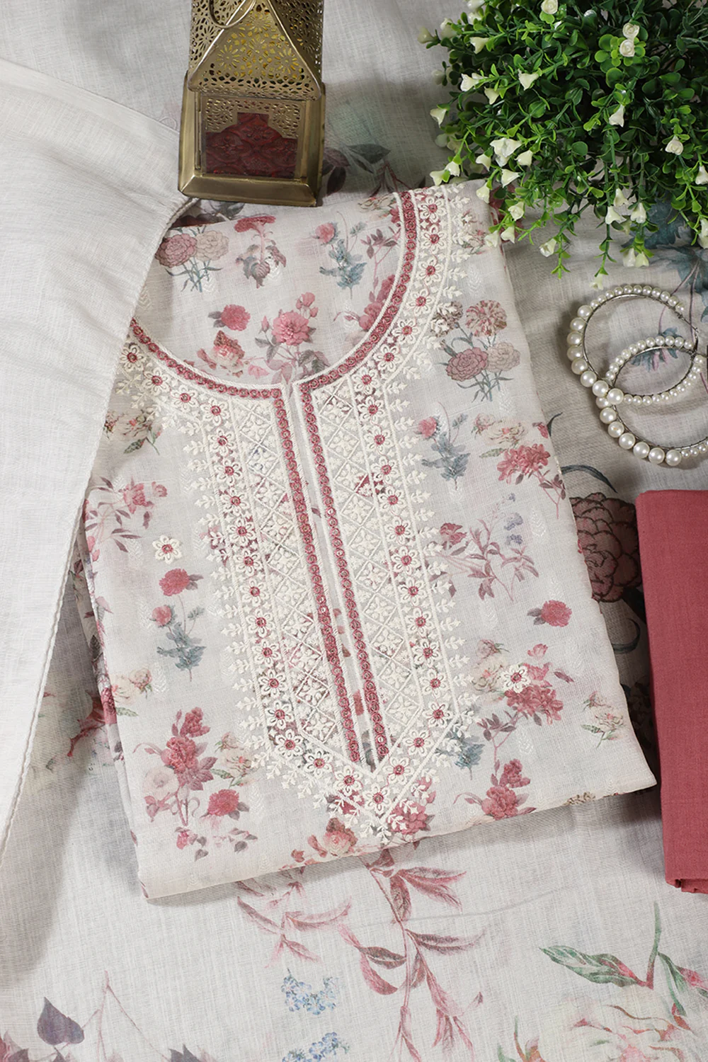 Cream & Light Maroon Chanderi Cotton Floral Printed And Embroidered Unstitched Suit - Image 4