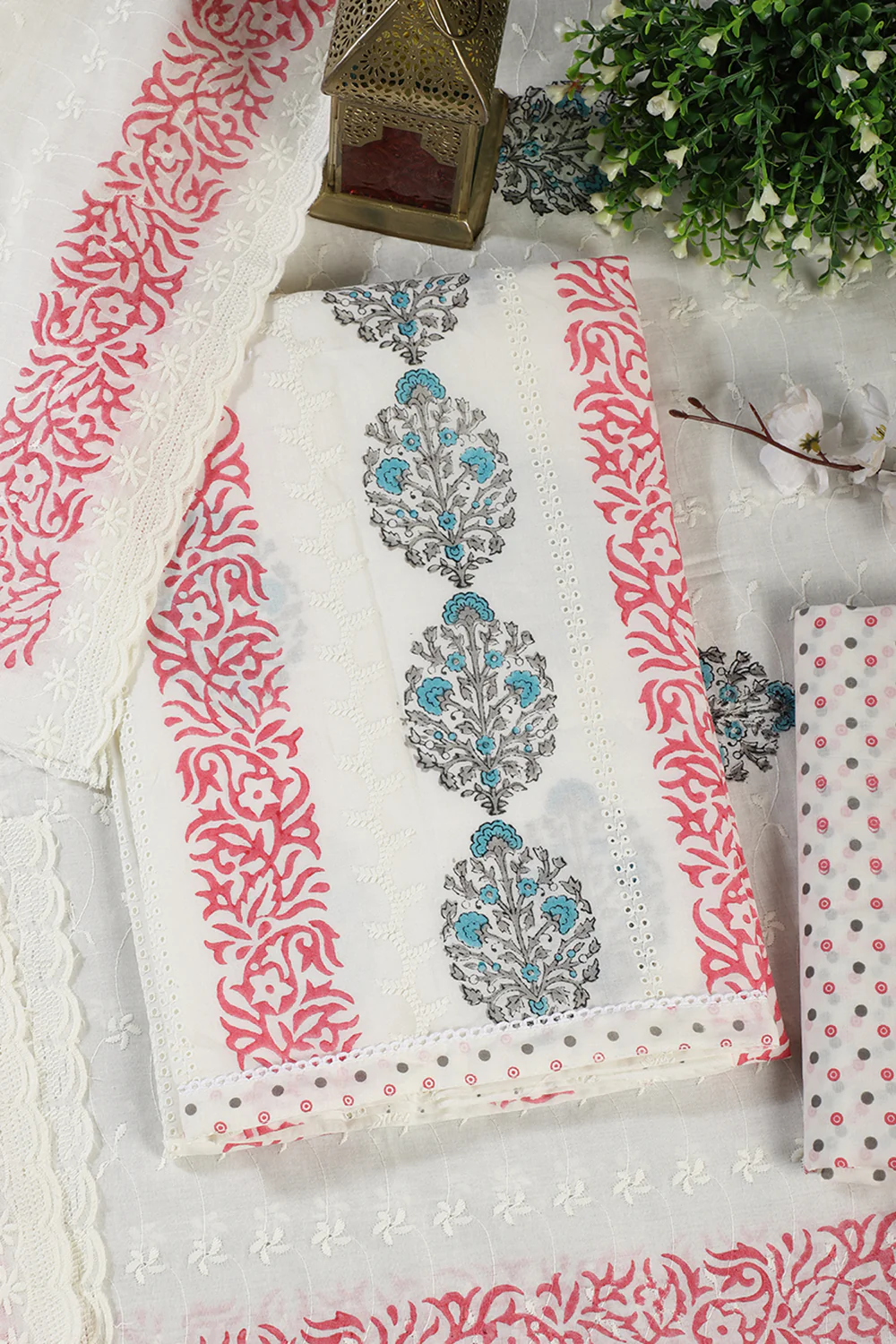 Cream & Magenta Printed And Resham Embroidered Unstitched Suit Fabric - Image 3