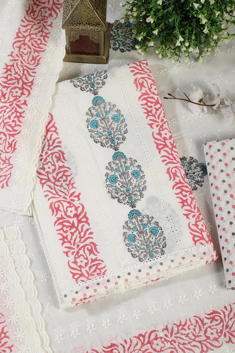 Cream & Magenta Printed And Resham Embroidered Unstitched Suit Fabric - Image 4