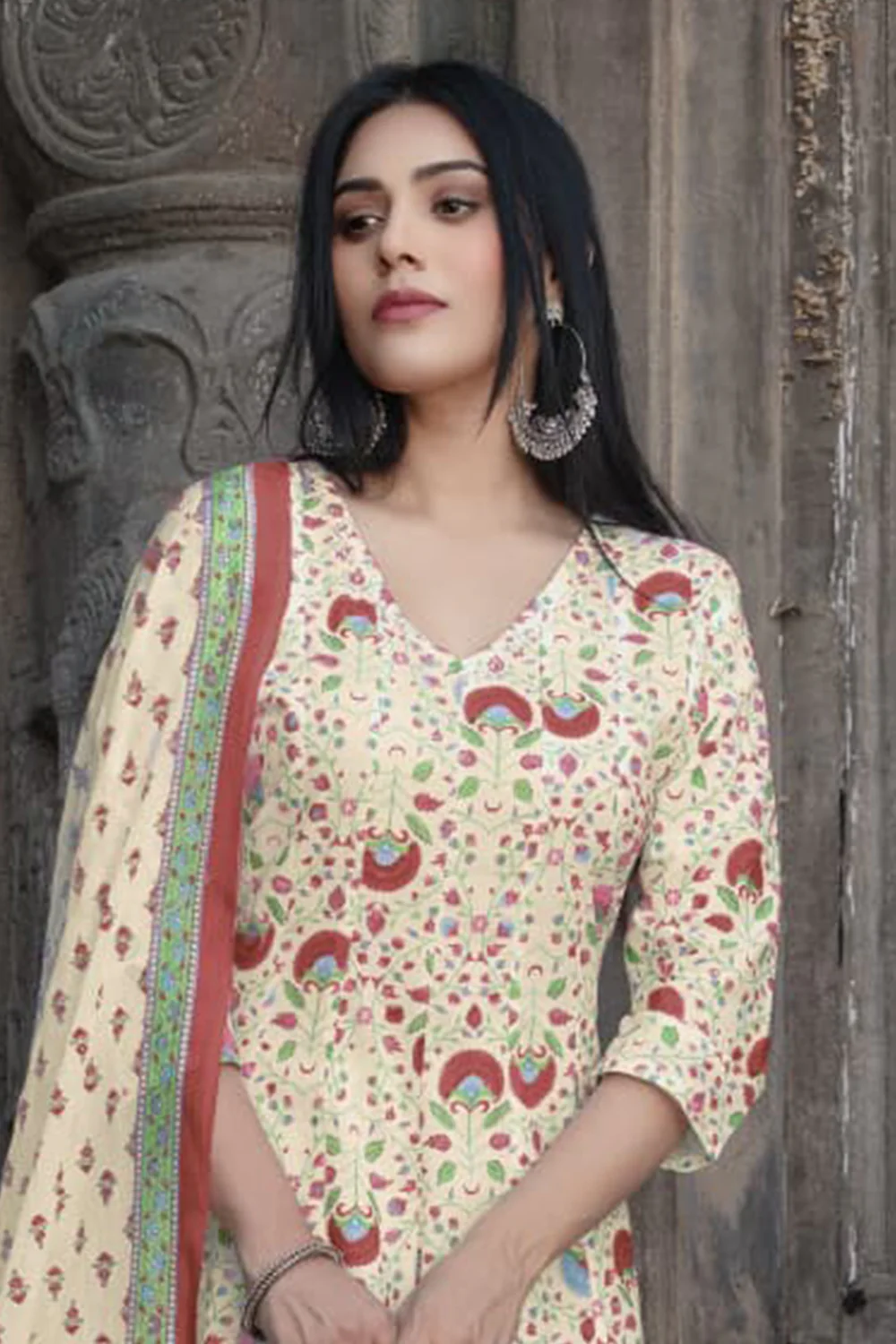 Cream & Maroon Cotton Floral Printed Floor Lenght Anarkali Suit - Image 2