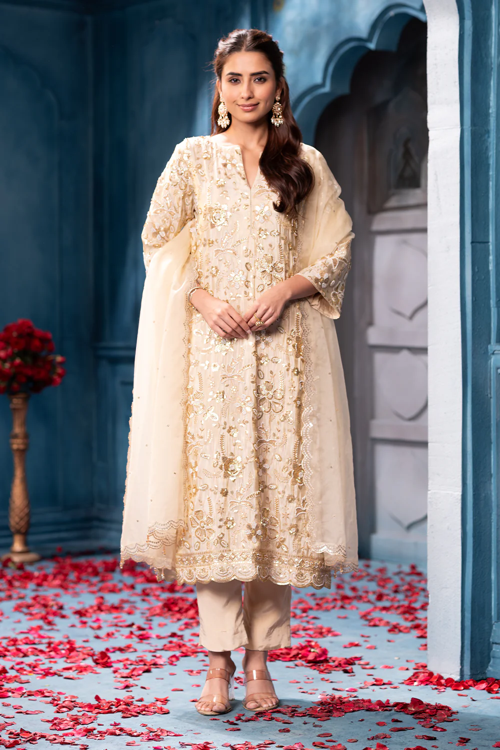 Cream Metallic Tissue Cut-dana And Sequins Embroidered Suits