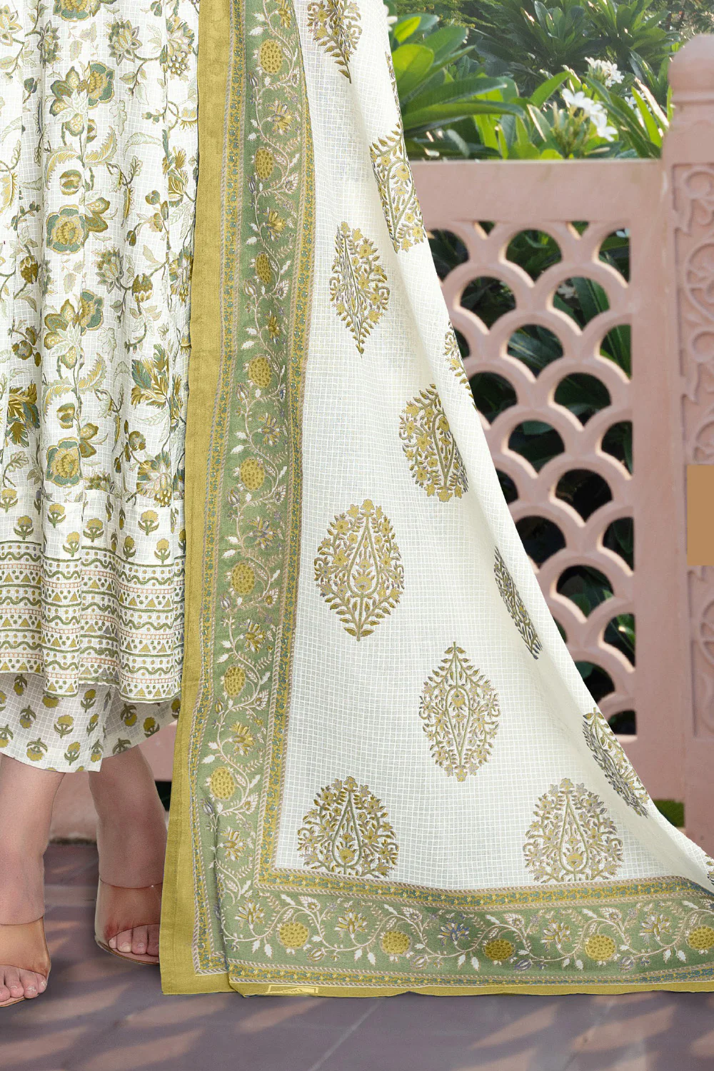 Cream & Mustard Cotton Floral Printed Floor Lenght Anarkali Suit - Image 2