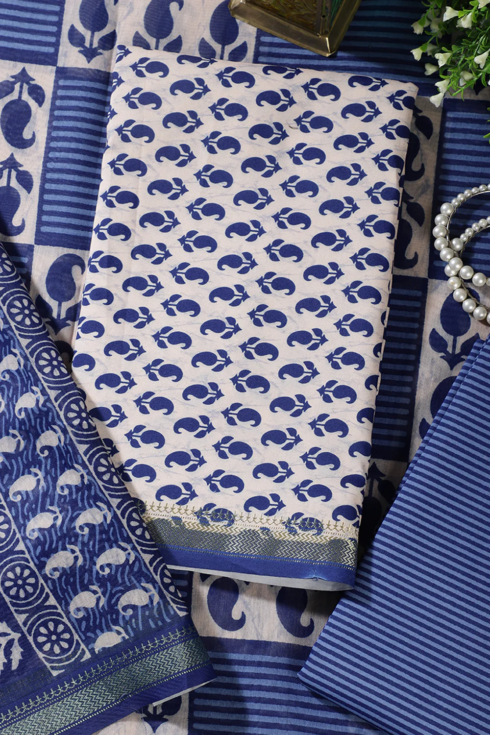Cream & Navy Cotton Dabu Block Print Unstitched Suit Material - Image 2