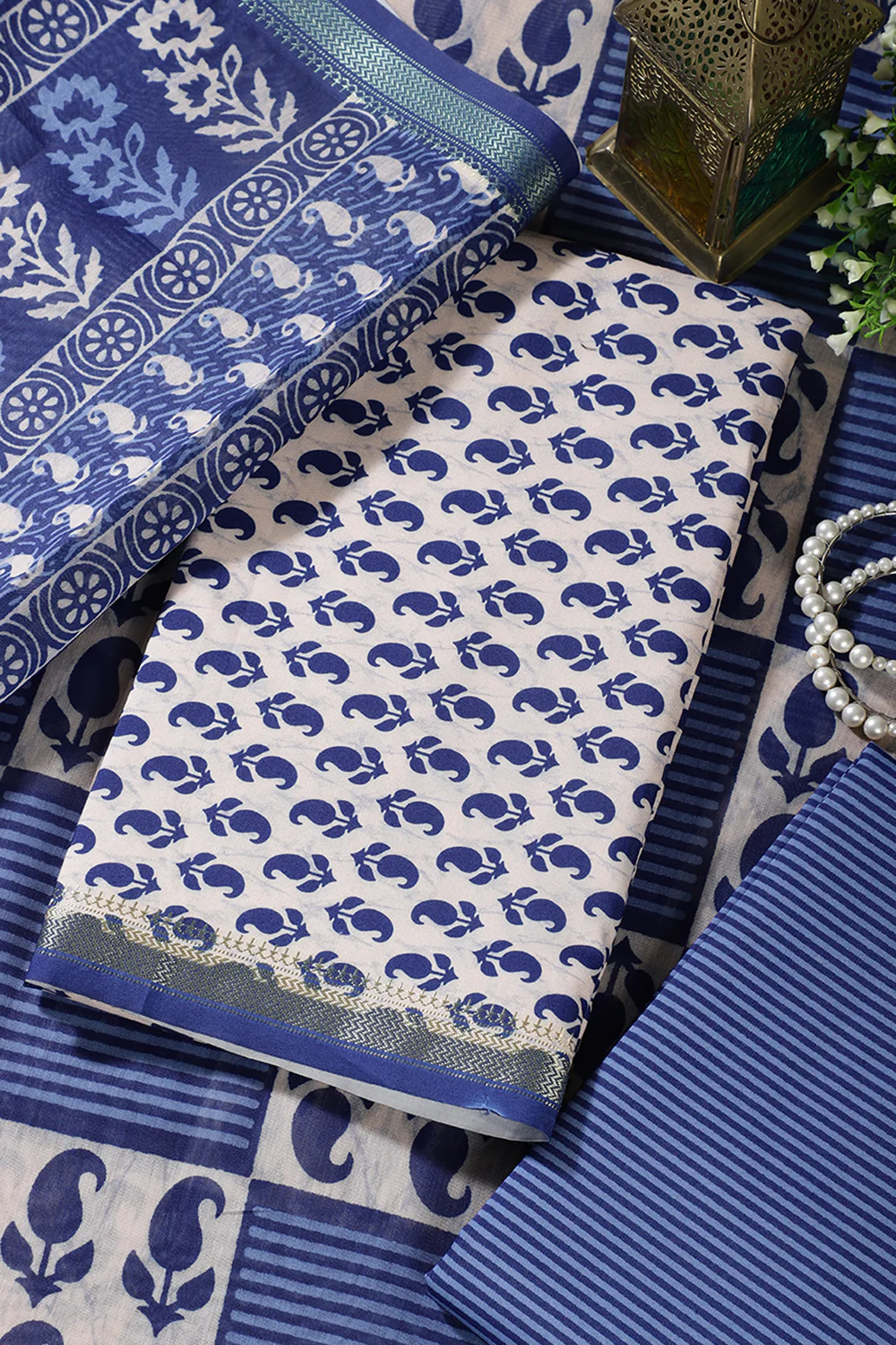 Cream & Navy Cotton Dabu Block Print Unstitched Suit Material - Image 4