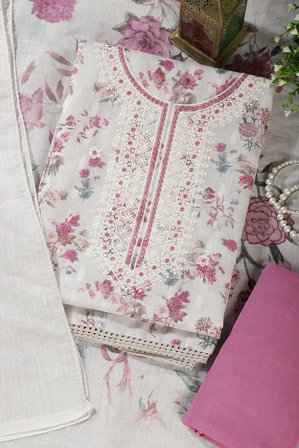 Cream & Pink Chanderi Cotton Floral Printed And Embroidered Unstitched Suit