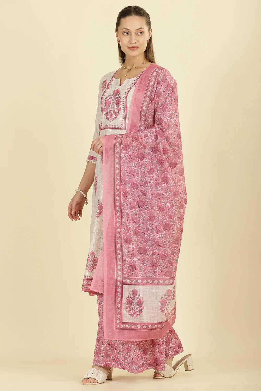 Cream & Pink Chanderi Cotton Hacoba Style & Floral Printed Unstitched Suit Material - Image 2