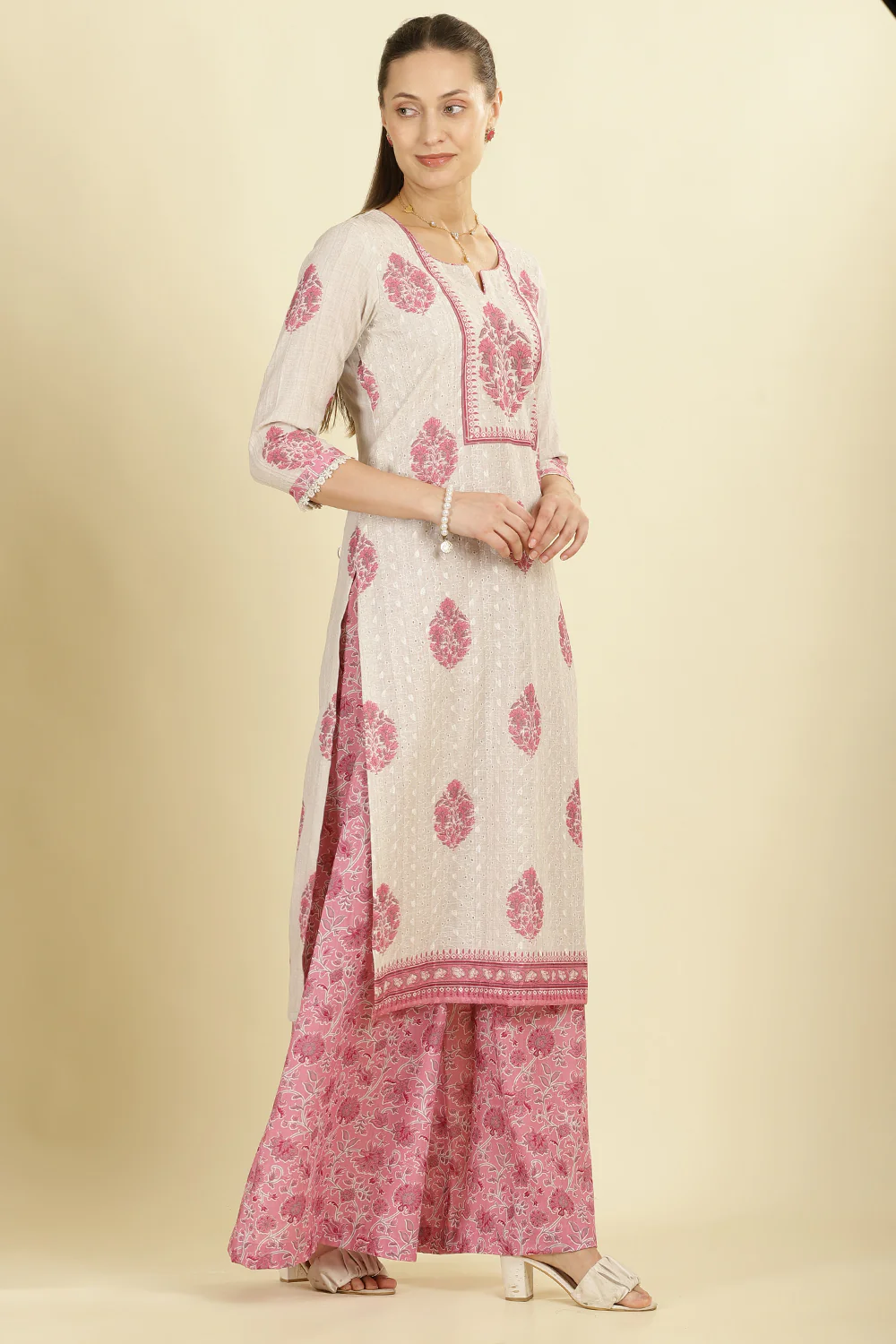 Cream & Pink Chanderi Cotton Hacoba Style & Floral Printed Unstitched Suit Material - Image 3