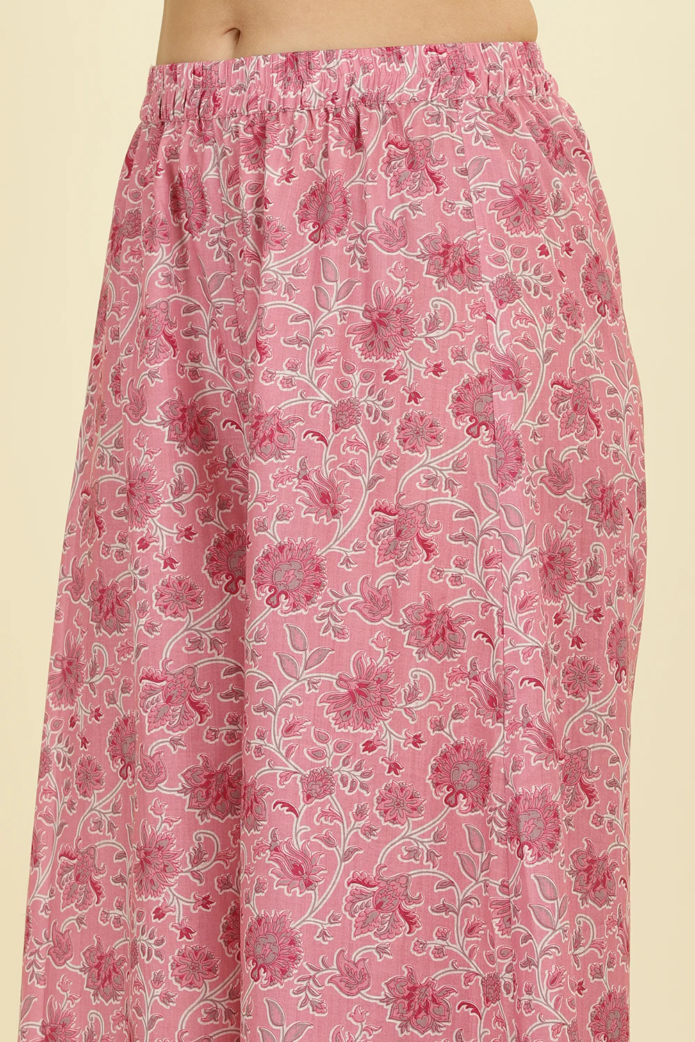 Cream & Pink Chanderi Cotton Hacoba Style & Floral Printed Unstitched Suit Material - Image 7