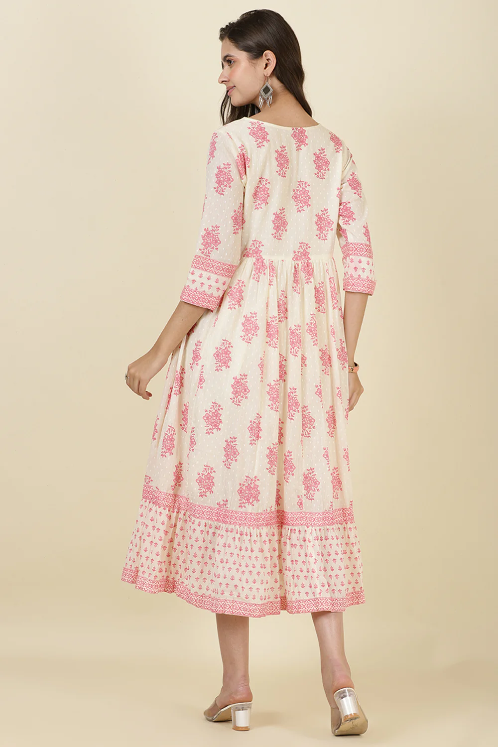 Cream & Pink Cotton Printed (Peonies) Anarkali Kurti - Image 3