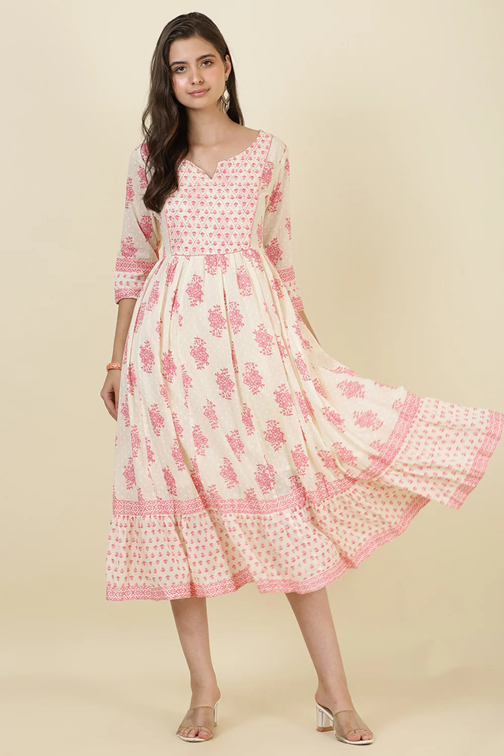 Cream & Pink Cotton Printed (Peonies) Anarkali Kurti - Image 6