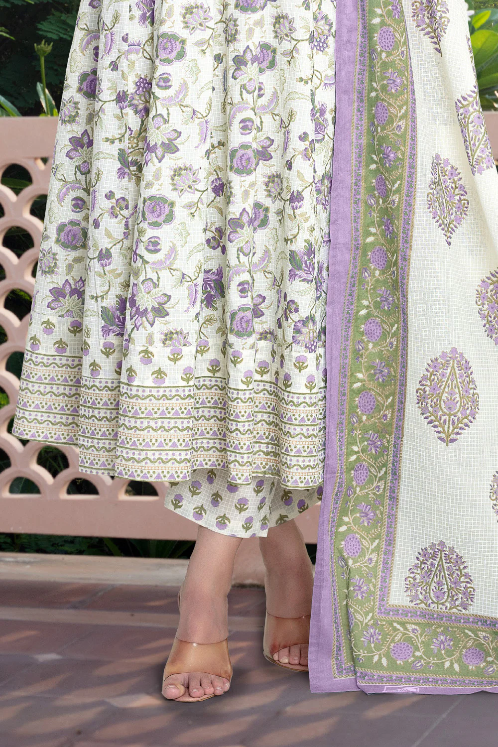 Cream & Purple Cotton Floral Printed Floor Lenght Anarkali Suit - Image 3