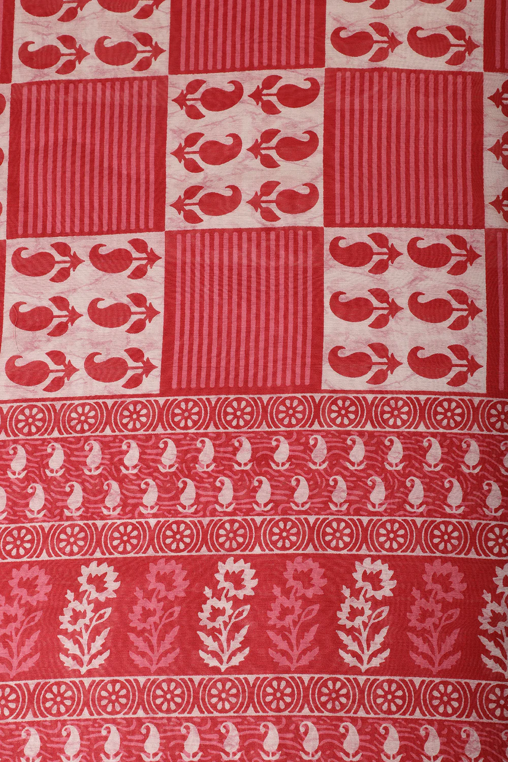 Cream & Red Cotton Dabu Block Print Unstitched Suit Material - Image 5