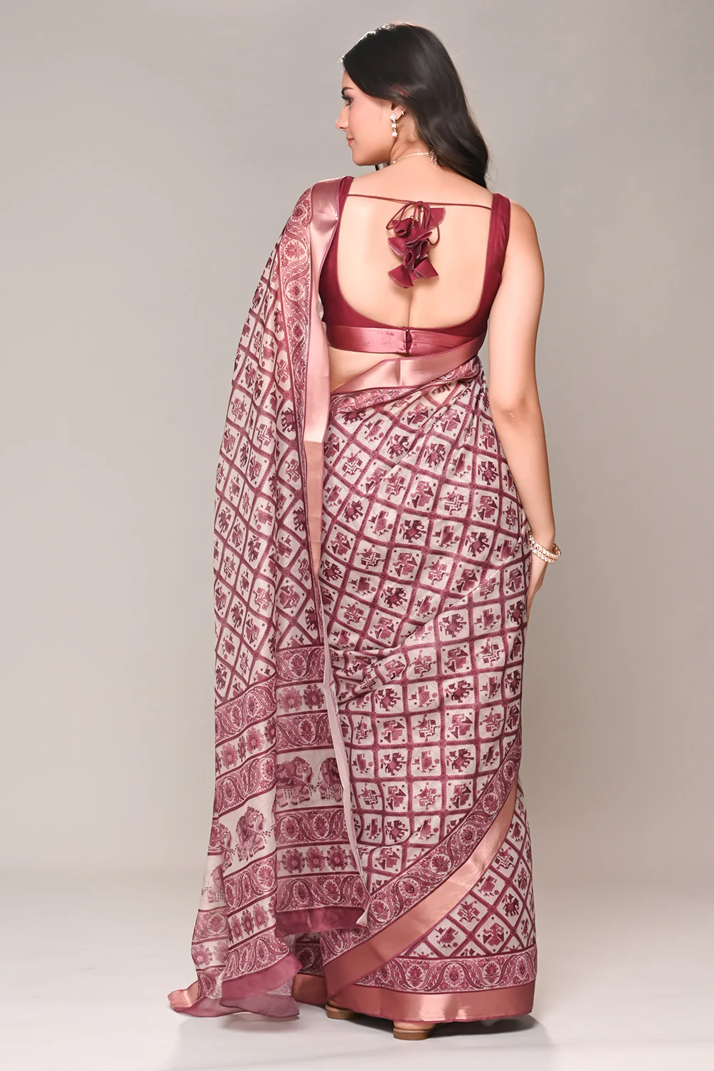 Cream & Rust Color Cotton Silk Printed Saree - Image 3
