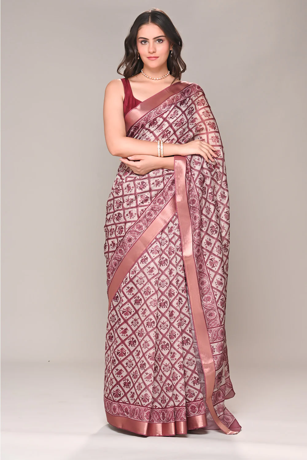 Cream & Rust Color Cotton Silk Printed Saree - Image 4