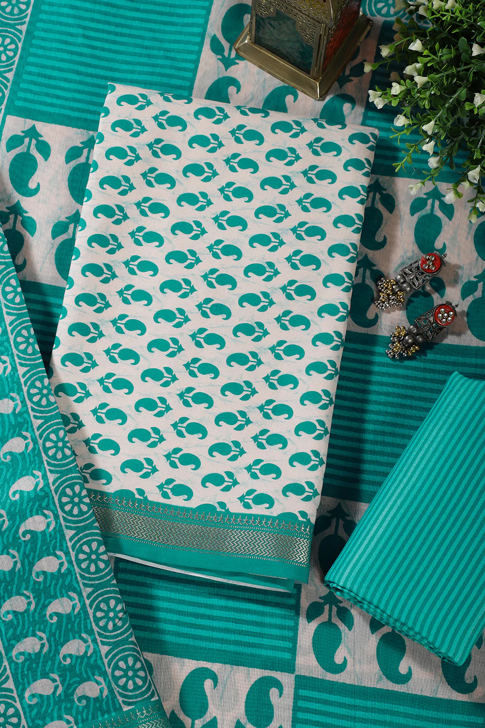 Cream & Teal Cotton Dabu Block Print Unstitched Suit Material - Image 2