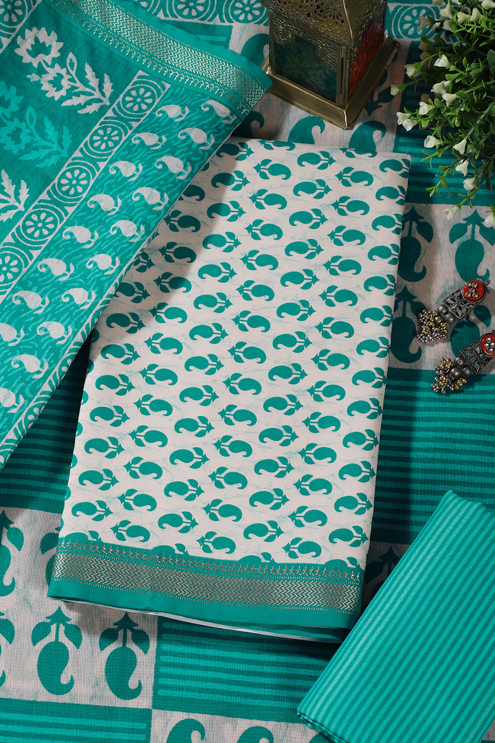 Cream & Teal Cotton Dabu Block Print Unstitched Suit Material - Image 3