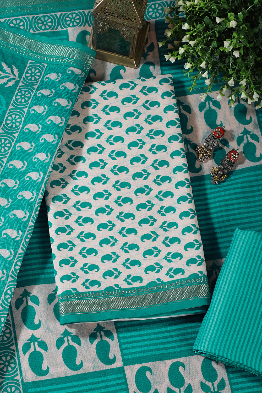 Cream & Teal Cotton Dabu Block Print Unstitched Suit Material - Image 4