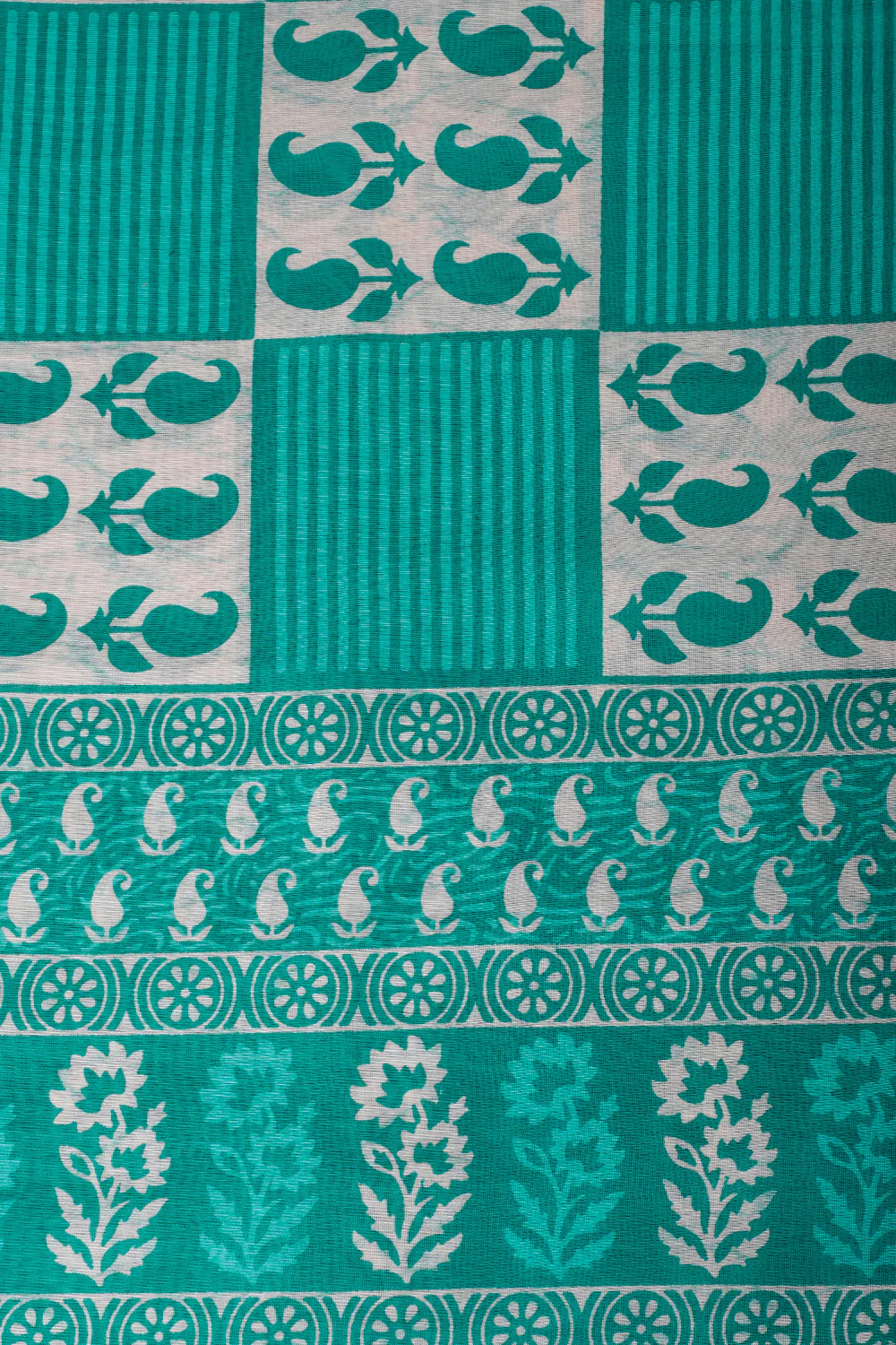 Cream & Teal Cotton Dabu Block Print Unstitched Suit Material - Image 5