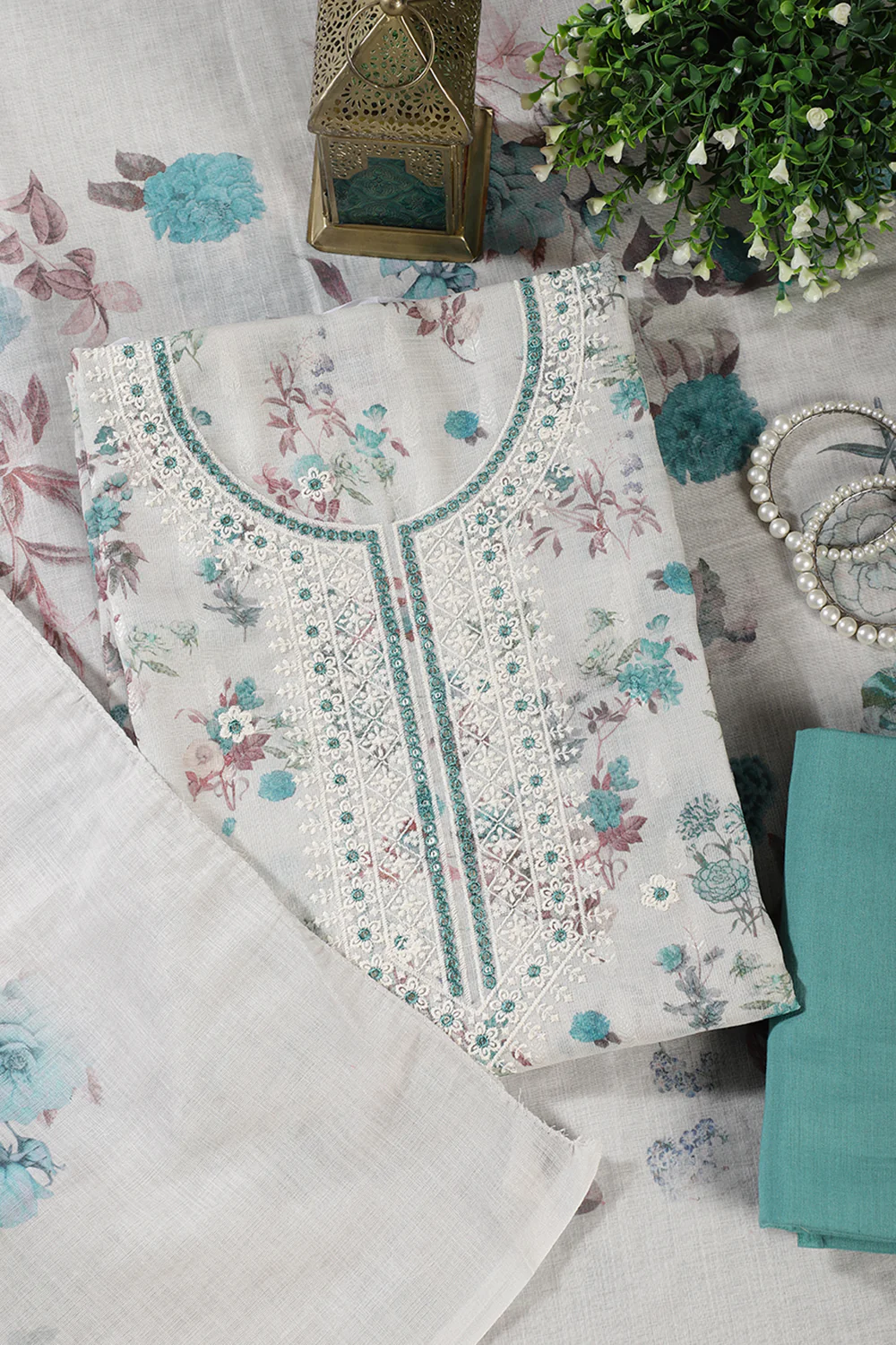 Cream & Terquoise Chanderi Cotton Floral Printed And Embroidered Unstitched Suit - Image 2
