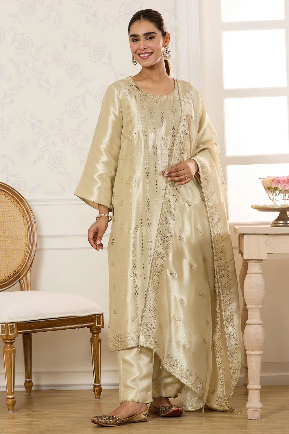 Cream Tissue Silk Work Unstitched Suit Material