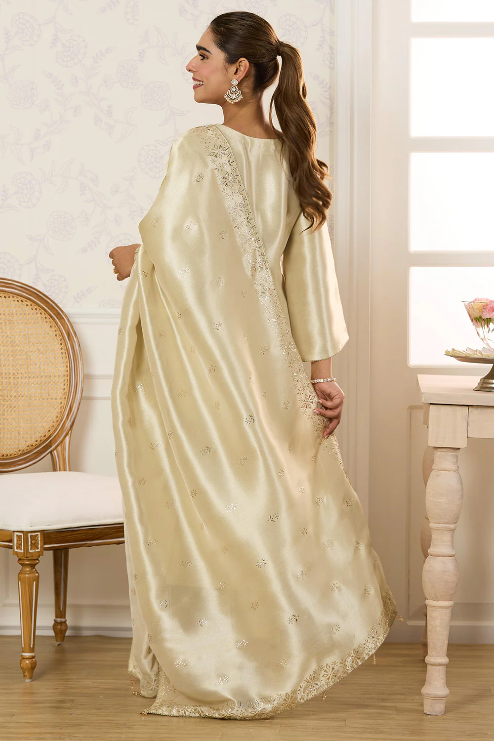 Cream Tissue Silk Work Unstitched Suit Material - Image 2
