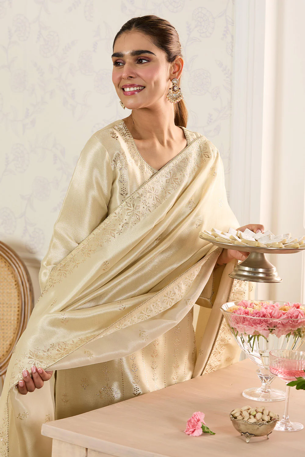 Cream Tissue Silk Work Unstitched Suit Material - Image 3