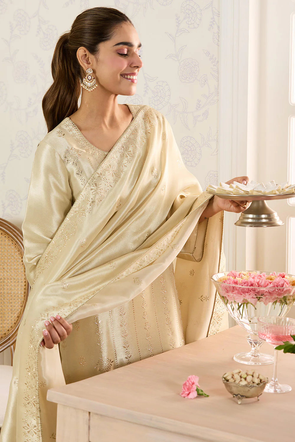 Cream Tissue Silk Work Unstitched Suit Material - Image 4