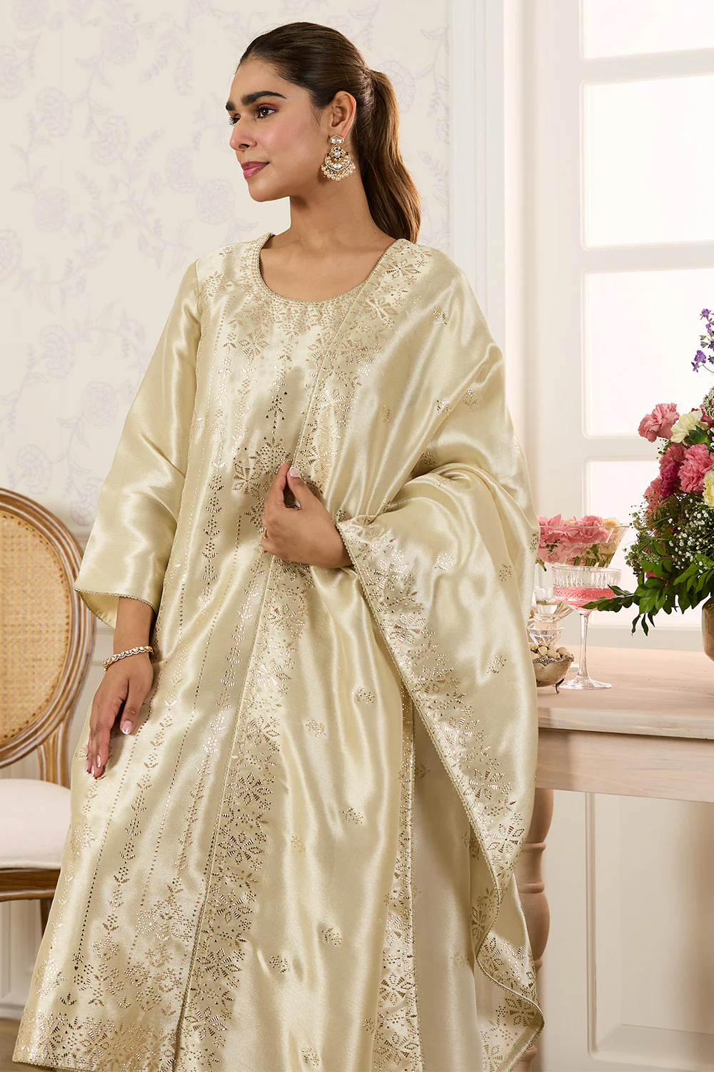 Cream Tissue Silk Work Unstitched Suit Material - Image 6