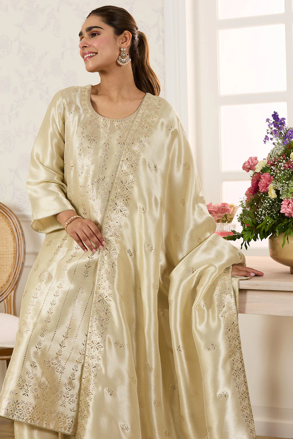 Cream Tissue Silk Work Unstitched Suit Material - Image 7