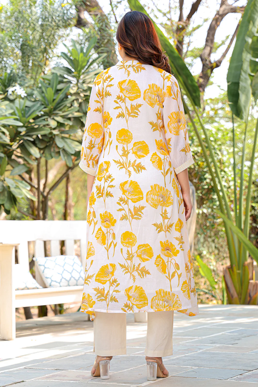 Cream & Yellow Cotton Floral Printed Kurta Set - Image 10