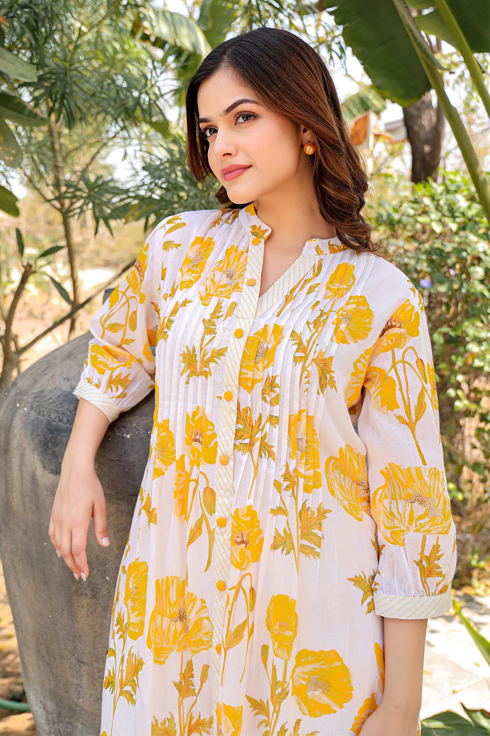 Cream & Yellow Cotton Floral Printed Kurta Set - Image 6