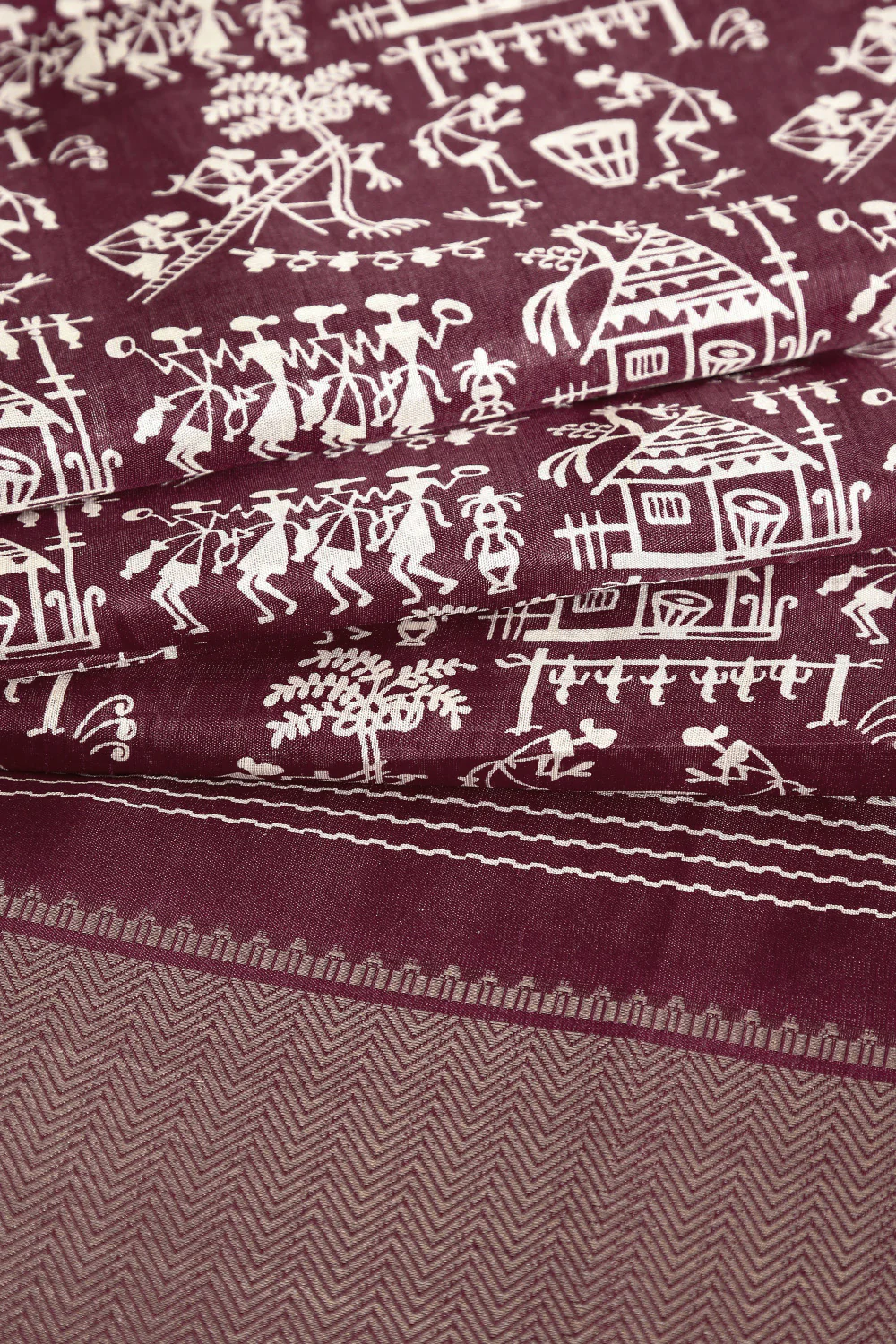 Dark Burgundy Cotton Silk Printed Saree - Image 4