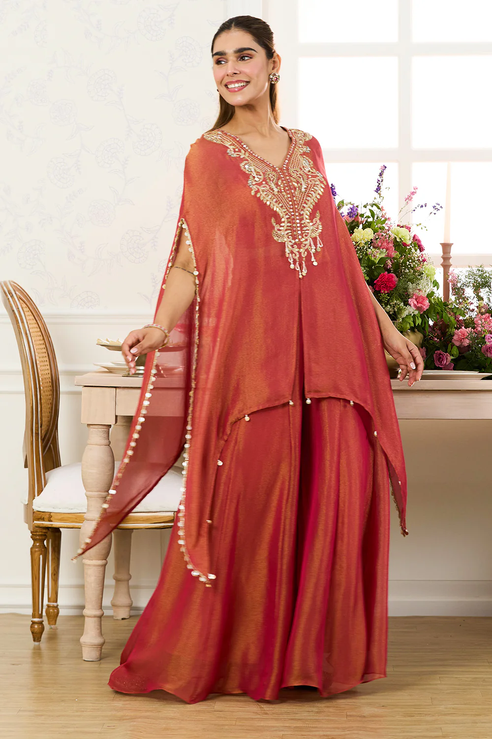 Dark Coral Shimmer Fabric Neck-Embroidered Kaftan Set with Palazzo, - Image 2
