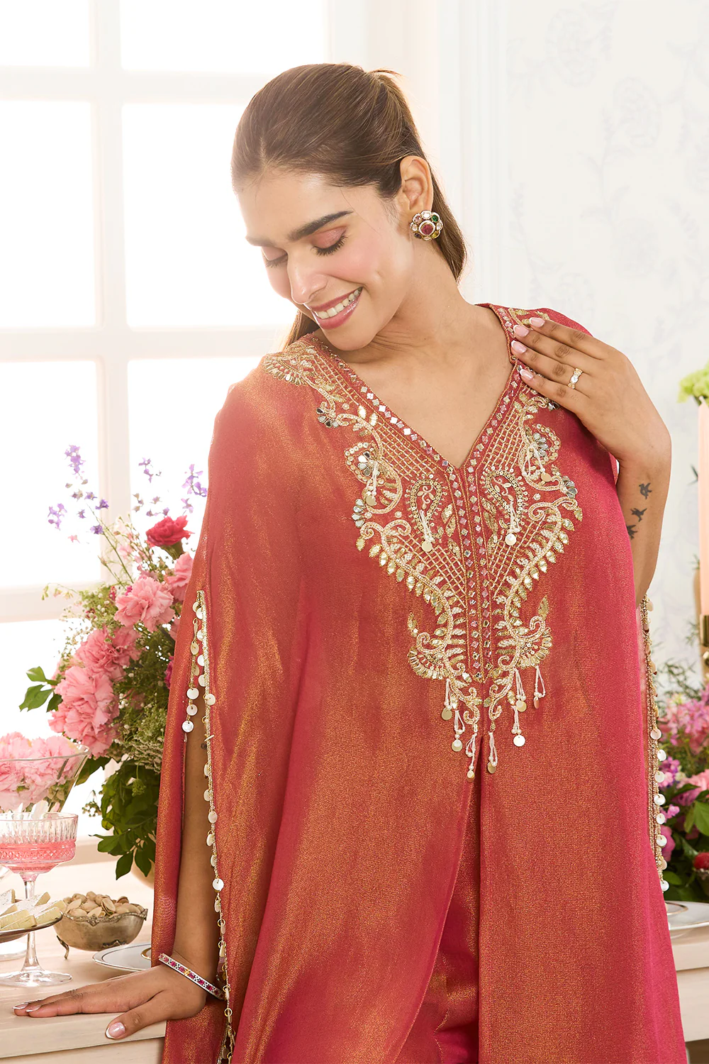 Dark Coral Shimmer Fabric Neck-Embroidered Kaftan Set with Palazzo, - Image 5