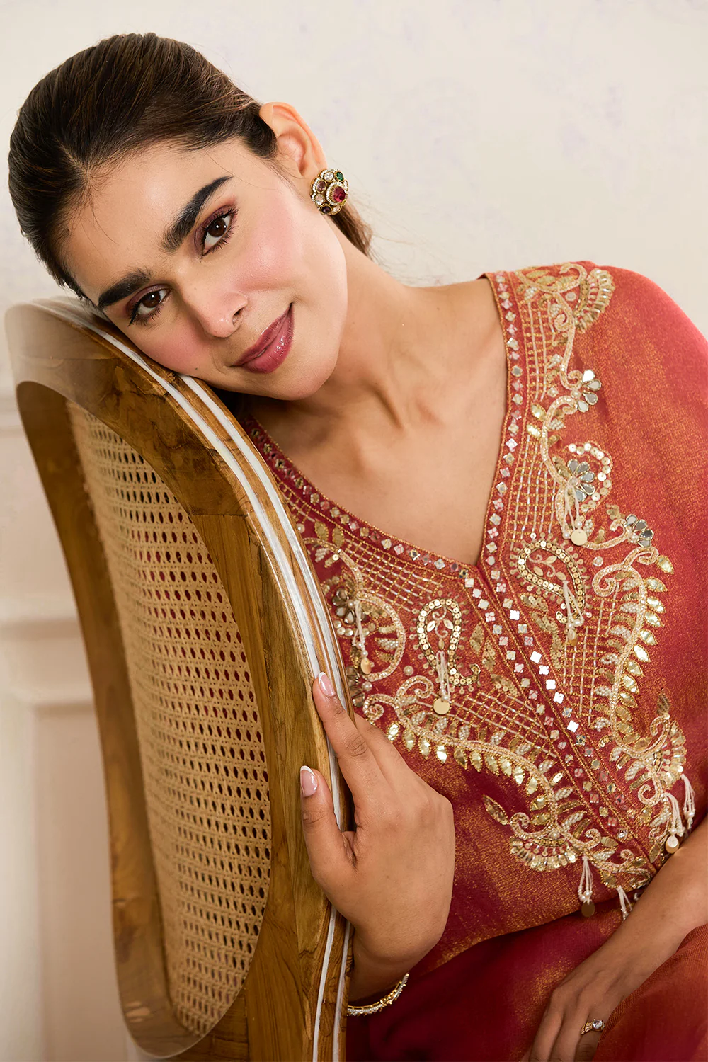 Dark Coral Shimmer Fabric Neck-Embroidered Kaftan Set with Palazzo, - Image 6
