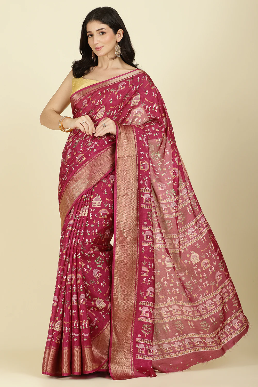 Dark Magenta Cotton Silk Printed Saree - Image 5