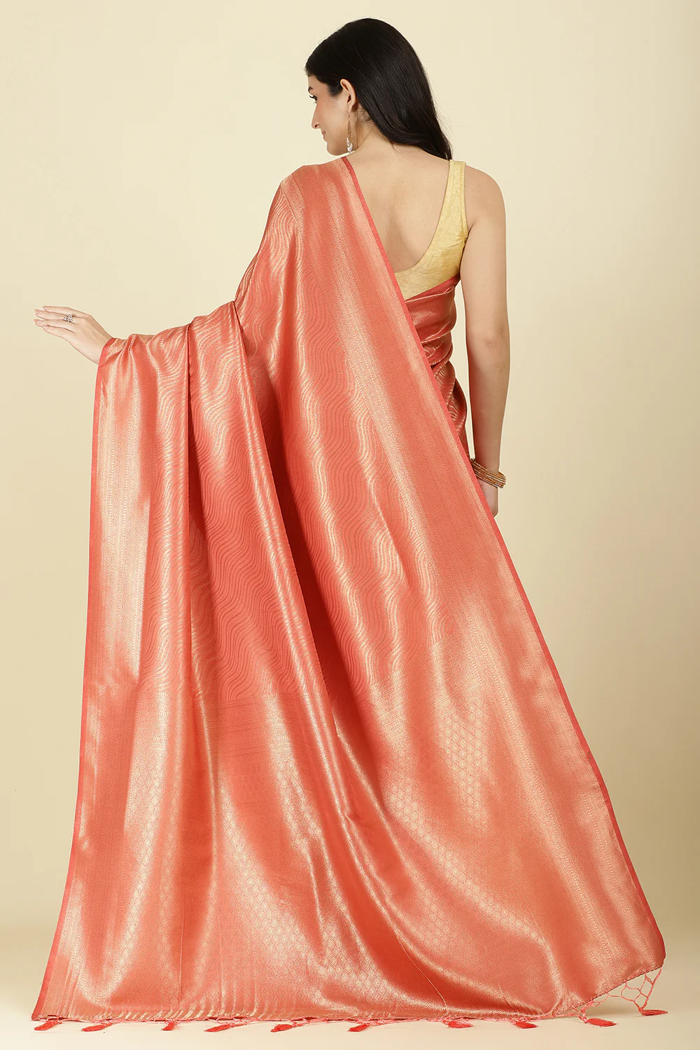 Dark Peach Colour Soft Silk Leheria Zari Woven Saree - Image 8