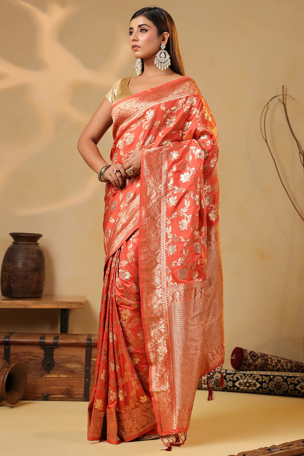 Dark Peach Zari Floral Woven Silk Saree - Image 4