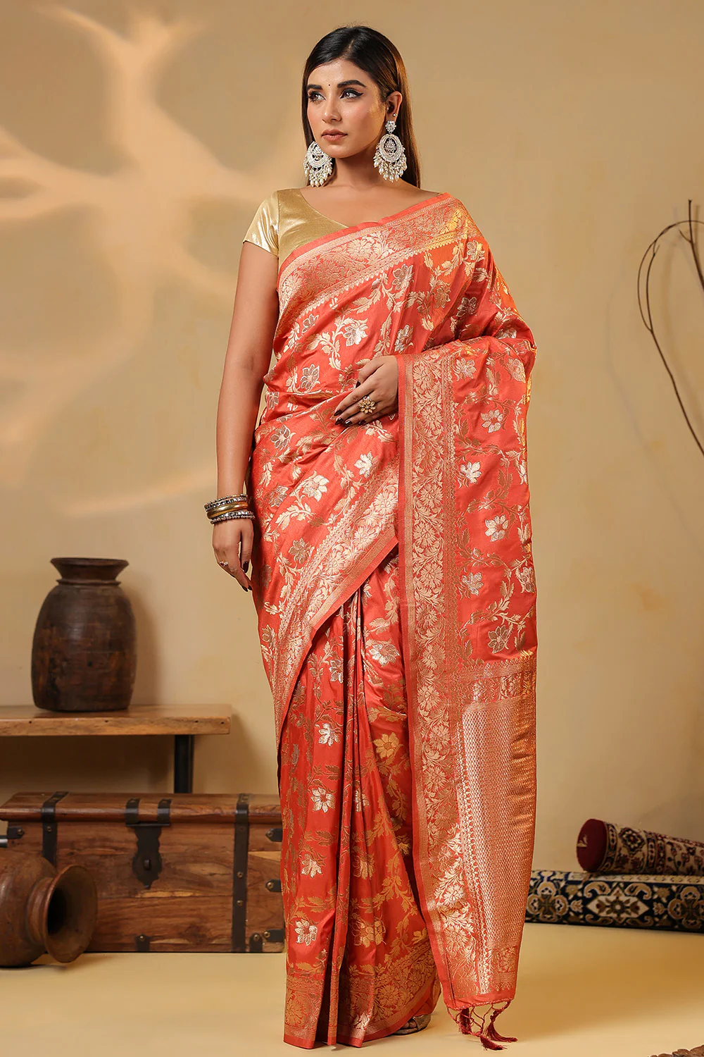 Dark Peach Zari Floral Woven Silk Saree - Image 5