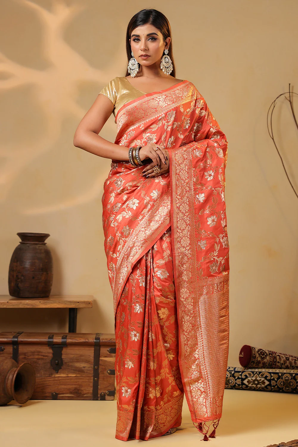 Dark Peach Zari Floral Woven Silk Saree - Image 6