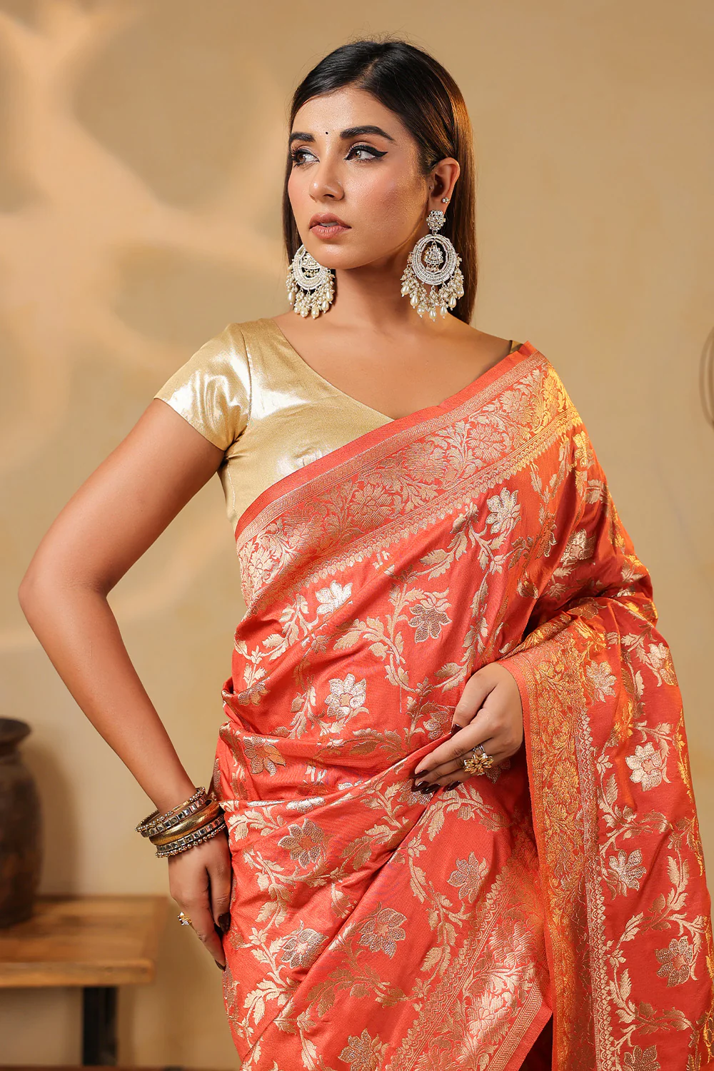Dark Peach Zari Floral Woven Silk Saree - Image 7