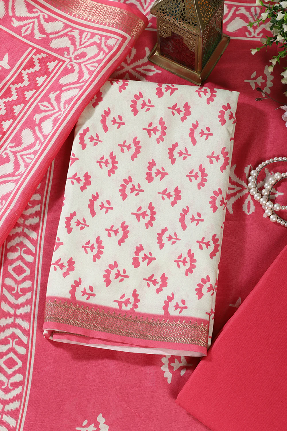 Dark Pink Floral Block Print Cotton Unstitched Suit Fabric - Image 2