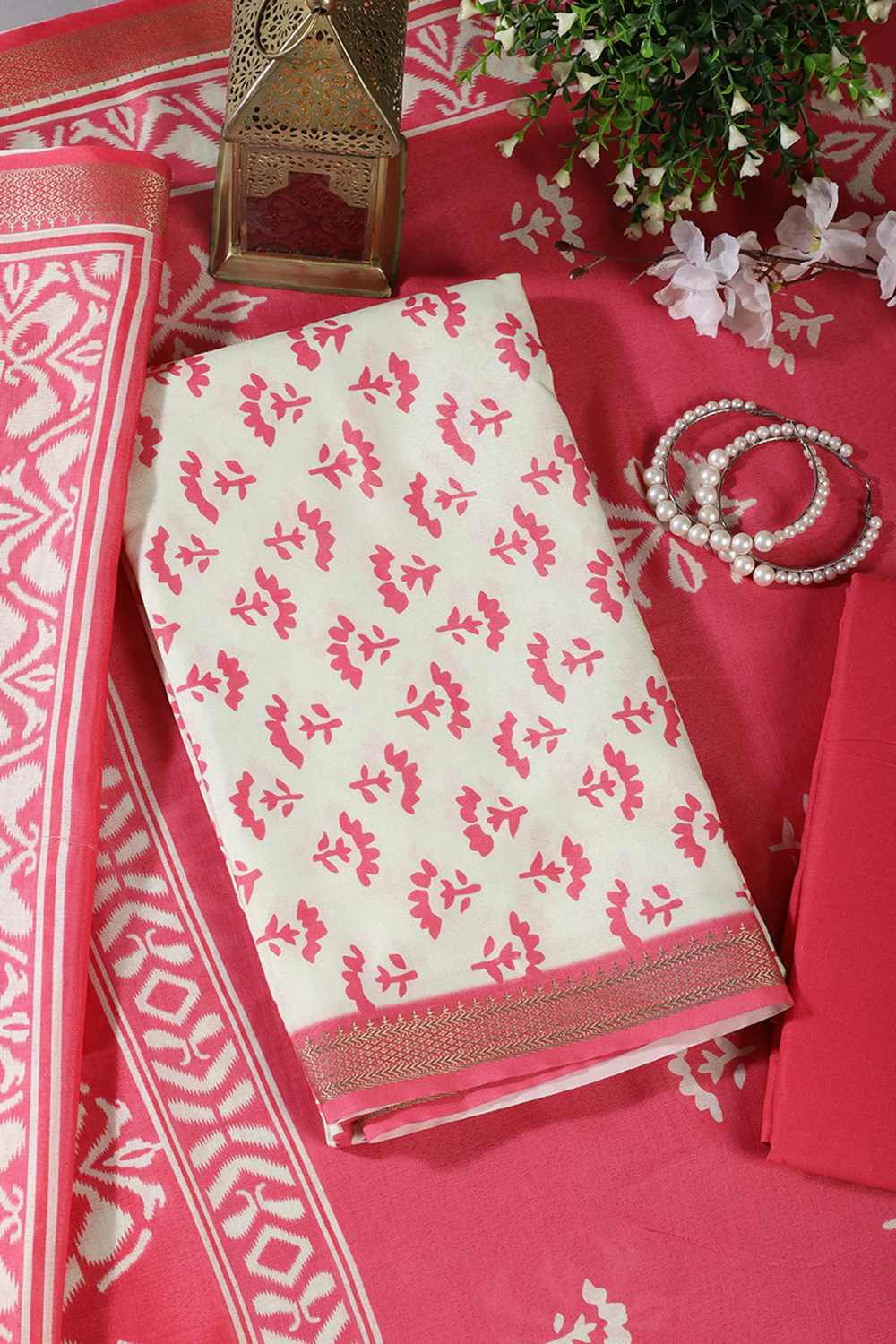 Dark Pink Floral Block Print Cotton Unstitched Suit Fabric - Image 3