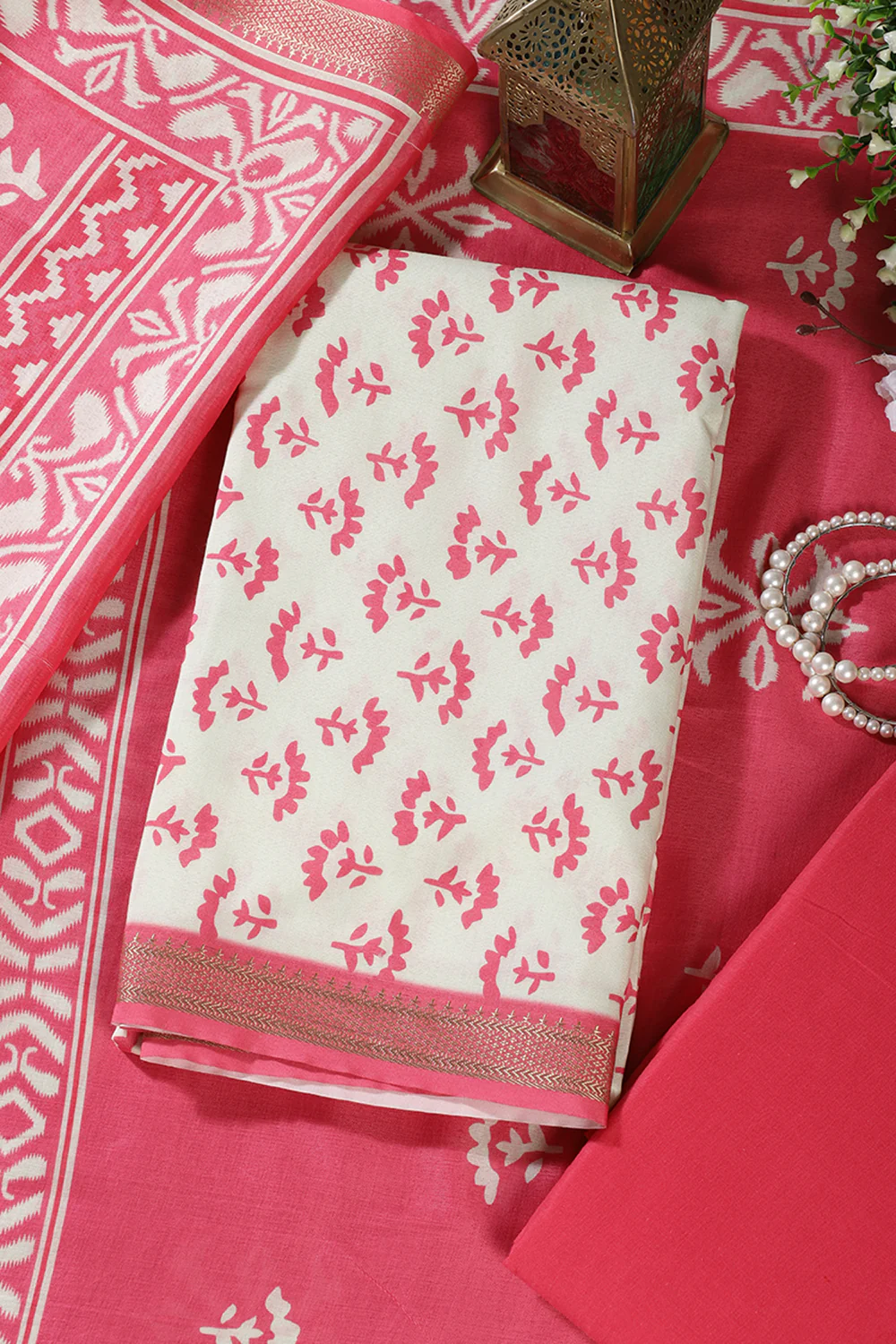 Dark Pink Floral Block Print Cotton Unstitched Suit Fabric - Image 4