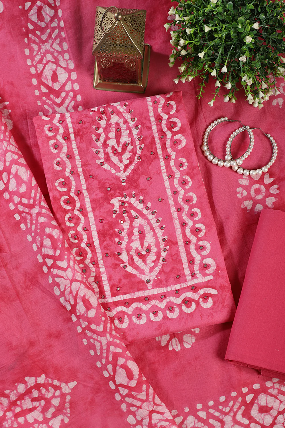 Dark Pink Shibori Printed Unstitched Suit Fabric - Image 2