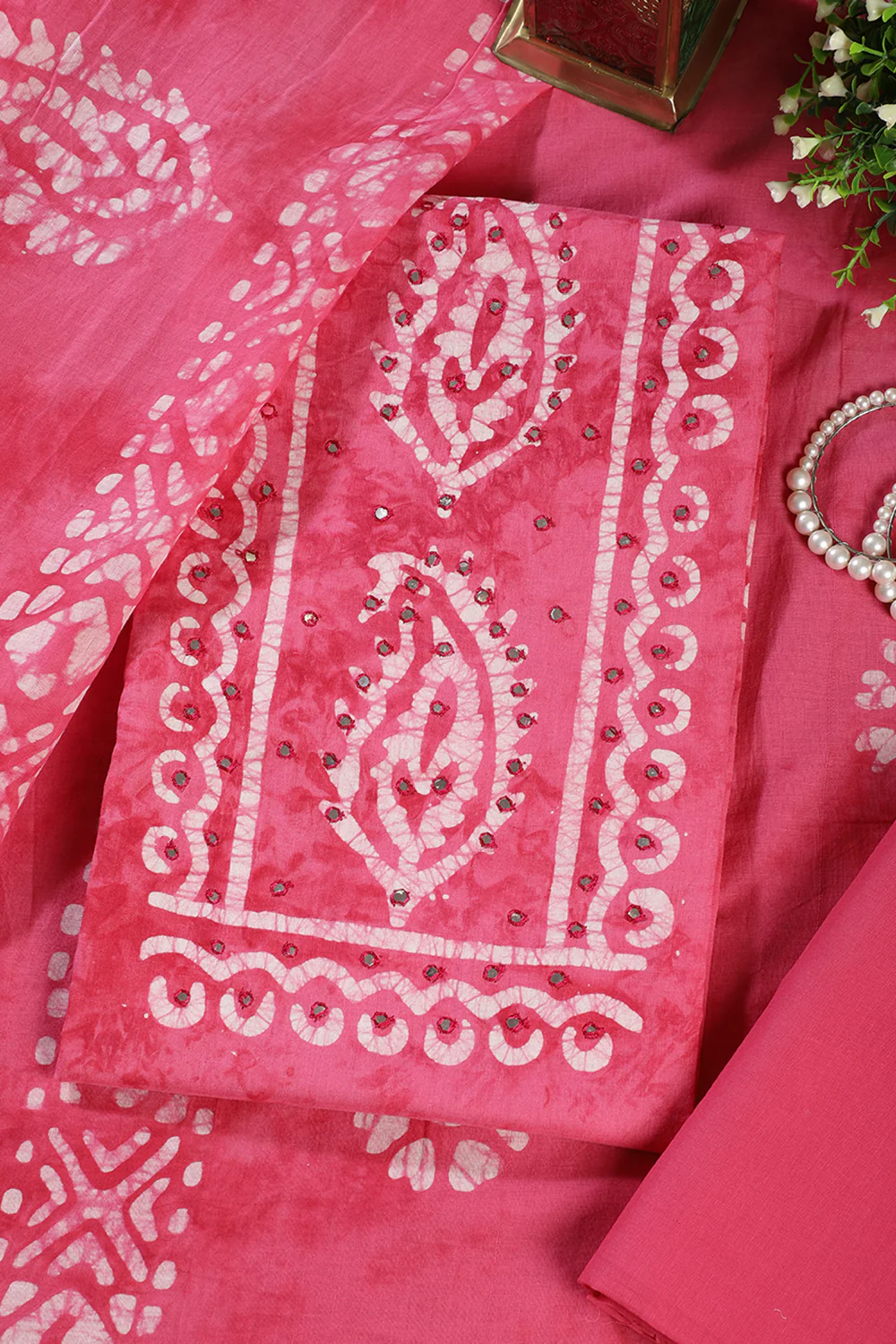 Dark Pink Shibori Printed Unstitched Suit Fabric - Image 3
