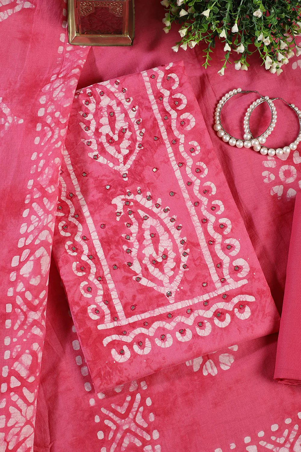Dark Pink Shibori Printed Unstitched Suit Fabric - Image 4